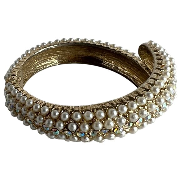 Vintage Faux Pearl And Rhinestone Hinged Bracelet Gold Tone Cuff Wrap Clamper - Picture 7 of 10